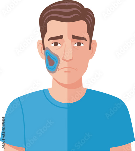 Illustrated portrait of a sad man with a painful inflamed swollen cheek indicating a toothache or infection.