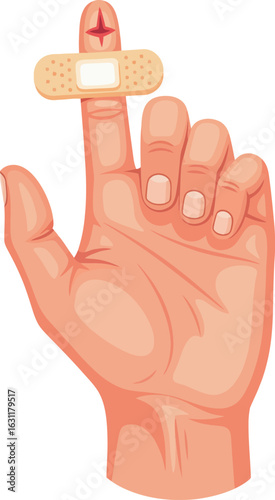 Illustrated hand with a perforated adhesive bandage on the injured index finger.