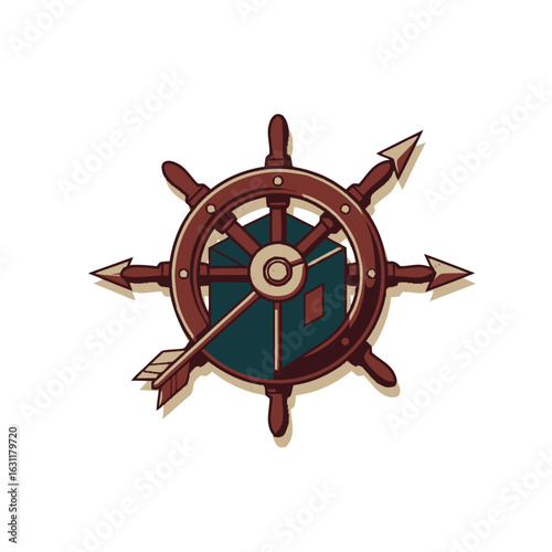 A nautical emblem featuring a brown ship's helm with arrow spokes and a pierced teal cube.