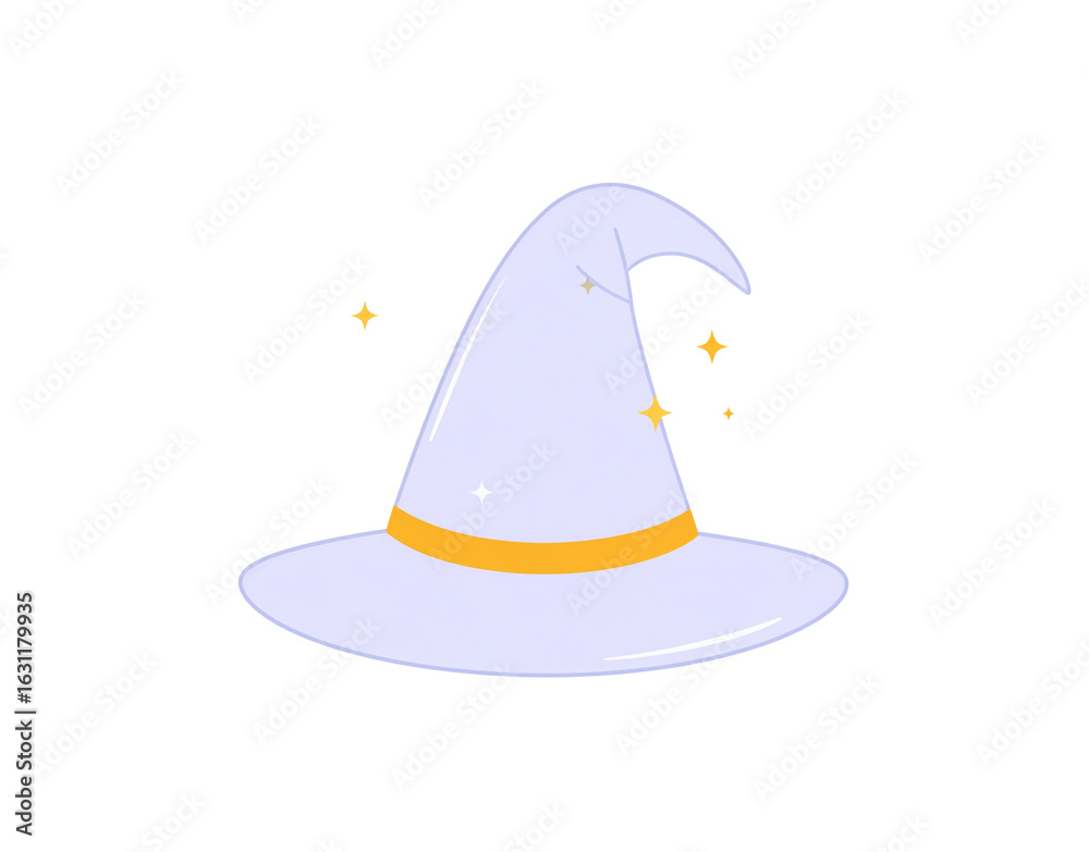 Naklejka premium Cartoon illustration of a sparkling lavender witch hat with a bent tip and a yellow band.