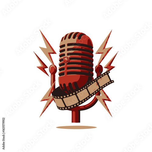 A retro red microphone illustration with a film strip and lightning bolts, symbolizing media and broadcasting.