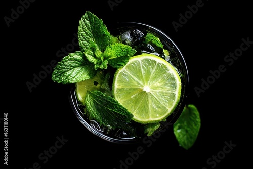 Refreshing Mojito Cocktail: Lime, Mint, and Ice on Black Background