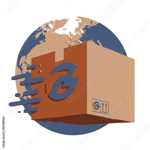 A cardboard shipping box with a logo moves quickly in front of a globe, symbolizing fast international delivery and global logistics.