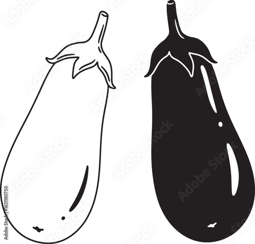 Pair of aubergine vegetables, one outline drawing and one black silhouette