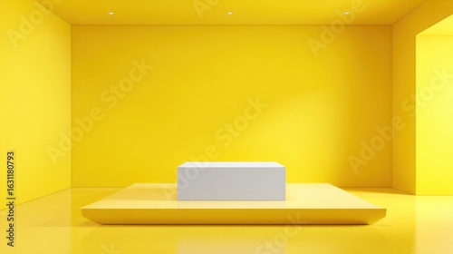 A large, brightly painted room features yellow walls and floor, with a simple white display platform at the center. The minimalistic design creates a striking visual impact.