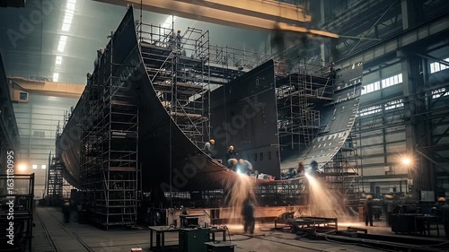 Shipbuilding workers welding large ship hulls in industrial shipyard with scaffolding and sparks flying