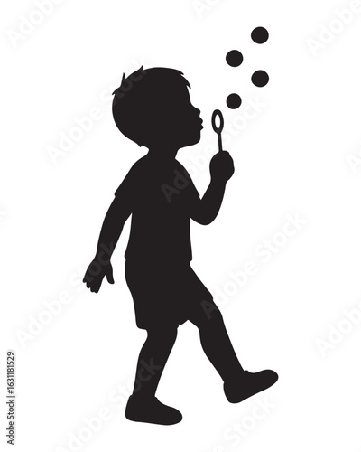 Joyful Child Silhouette Blowing Soap Bubbles: Playful, Black and White Vector Illustration