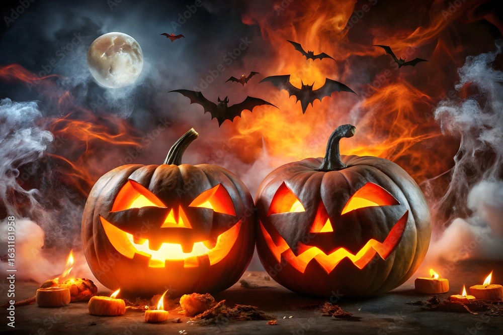 Naklejka premium Photo of two glowing carved halloween pumpkins with scary faces and candles in front of a dark, smoky background with bats and a full moon