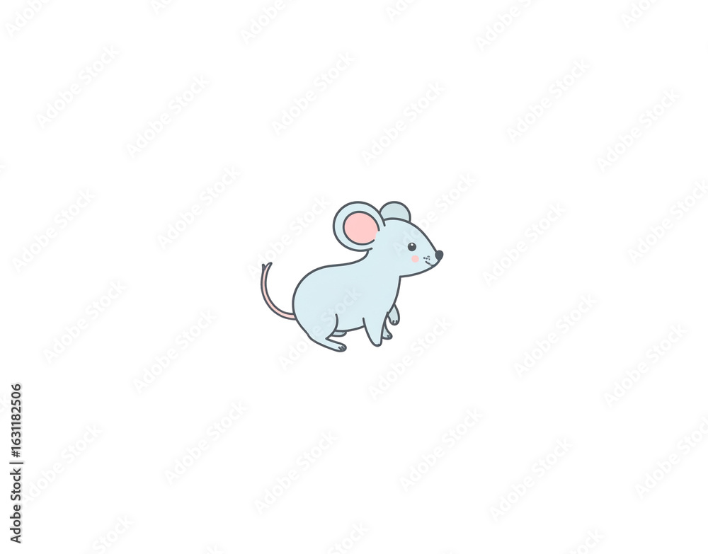Naklejka premium Cute light blue cartoon mouse with pink ears and tail standing in a simple kawaii style.