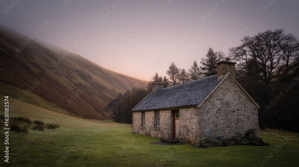 Fototapeta premium Rustic stone cottage nestled in a valley at dawn.