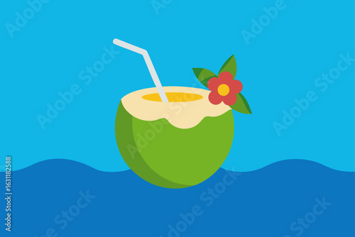 coconut drink on tropical beach with flower garnish