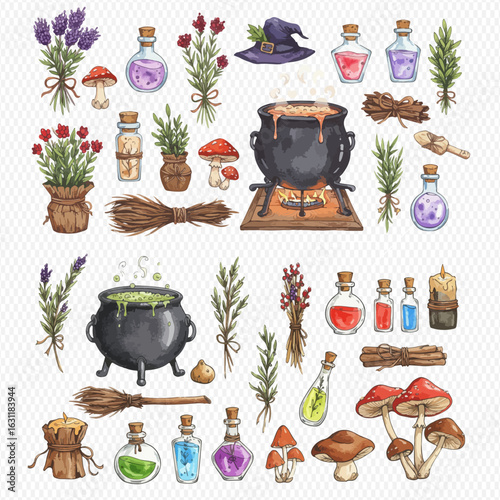 A whimsical watercolor collection of witchcraft essentials like bubbling cauldrons, magic potions, herbs, and brooms.