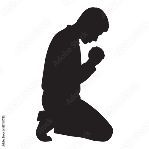 Silhouette of a Man Kneeling in Prayer, white Moody Background, Spiritual Concept, Hope, Faith, and Reflection.