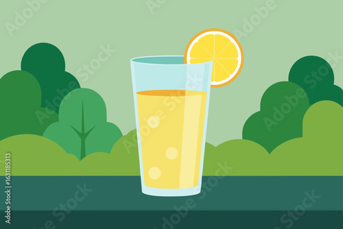 lemonade glass on table with blurred summer garden