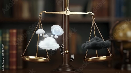 Balancing act good bad decisions balance scale clouds decision choices right wrong justice law judgment concept idea metaphor symbol weight