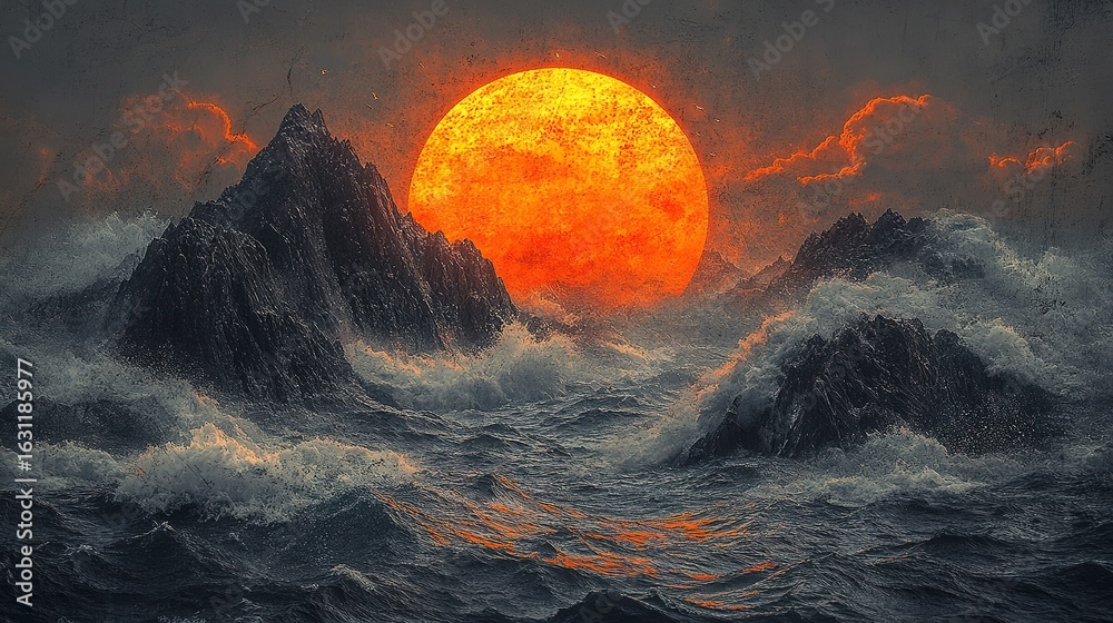 Naklejka premium Large sun or moon over rough sea with mountains in the background.