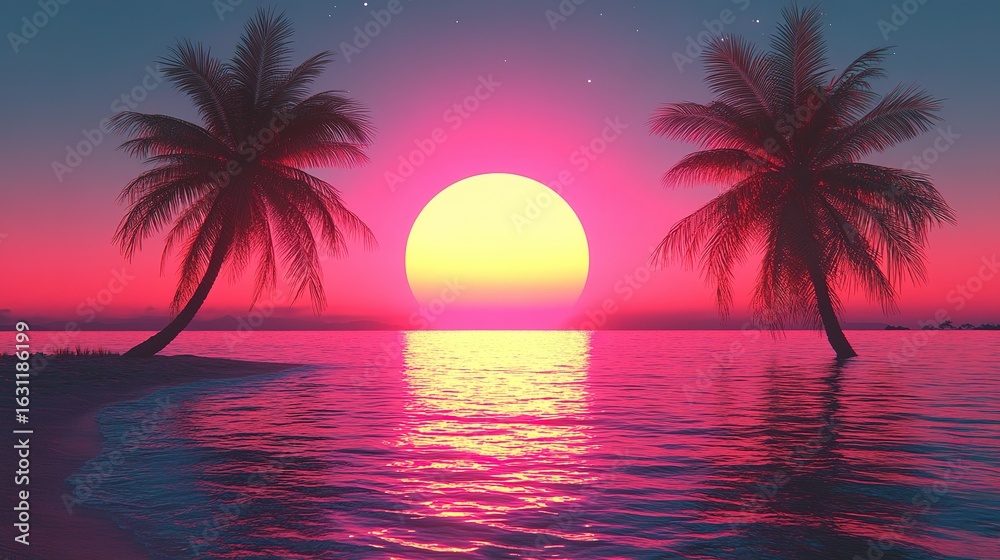 Naklejka premium Sunset over water with palm trees reflecting in the ocean pink and yellow.