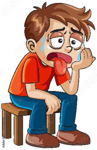 Exhausted Cartoon Boy Sitting on a Stool