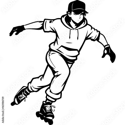 Sketchy sport emblem of guy is easily racing on roller skates. Engraving minimalistic vector in black ink drawing on transparent background
