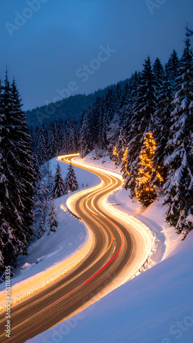 Snowy road with night light trails.
