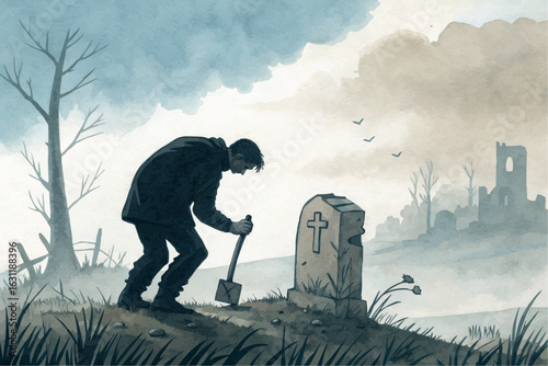 Man digging grave at cemetery