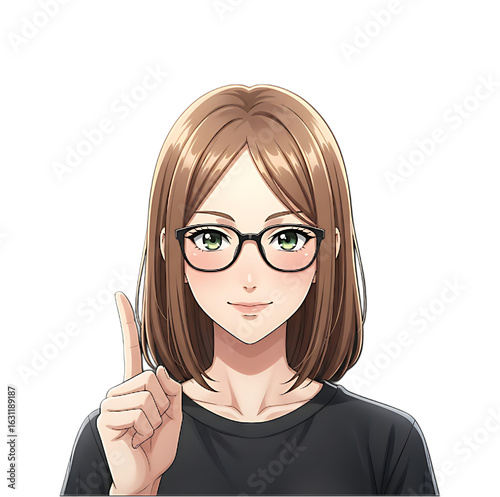 An anime-style professional woman with glasses and a suit, pointing her finger up with a confident expression.
