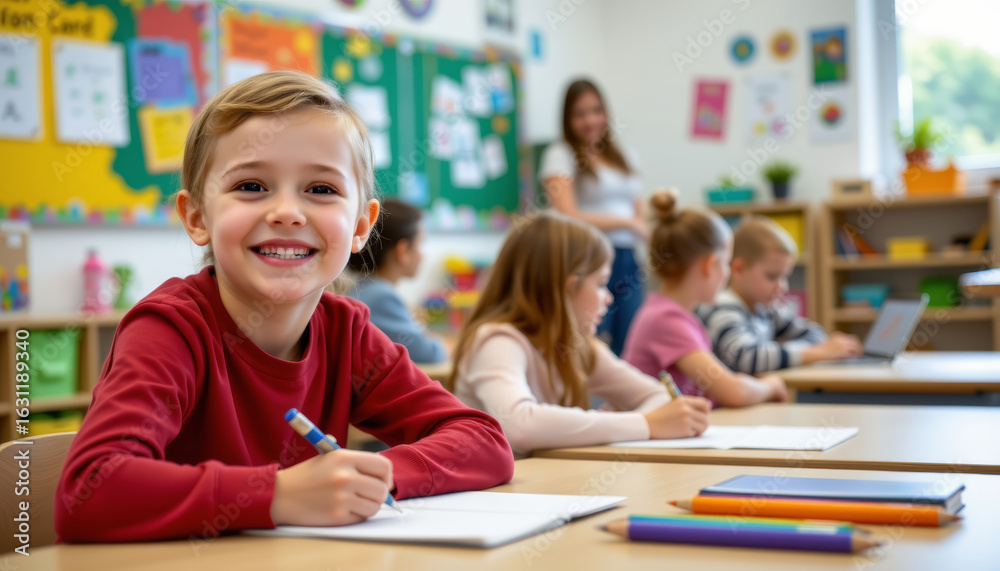 Fototapeta premium Young student smiling while writing in notebook at classroom desk with other children and teacher in background