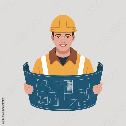 A smiling construction worker in a hard hat holding a blueprint with architectural drawings shown clearly