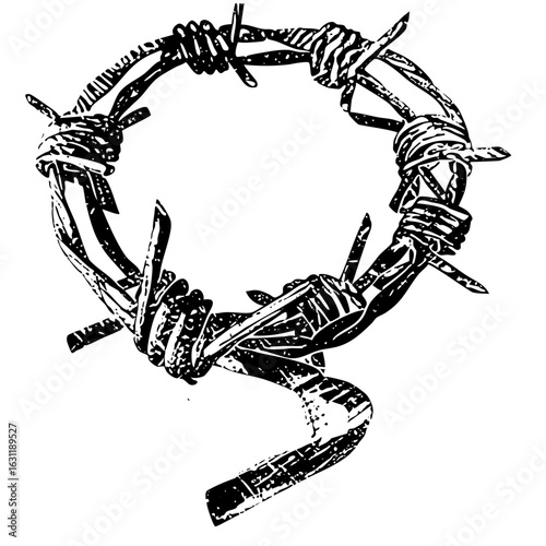 Vector Barbed wire wreath with skeletal hands illustrates confinement and struggle.