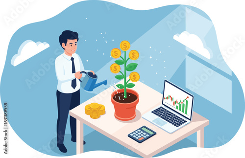 Businessman watering a money tree with coins on a desk