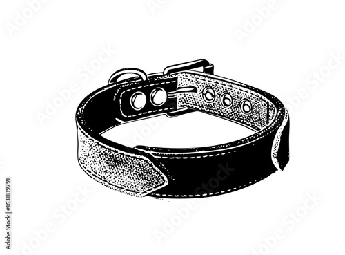 Vector Detailed of a black canine collar with buckle and metal ring.