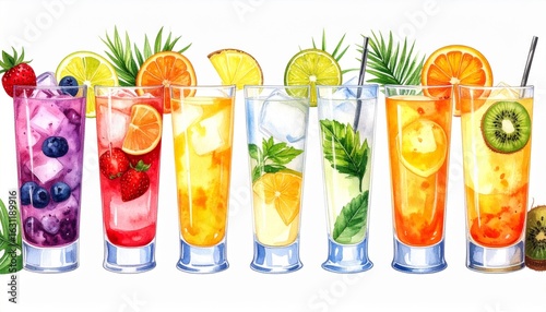 Watercolor Illustration of Fruity Summer Drinks with Assorted Berries and Citrus Fruits