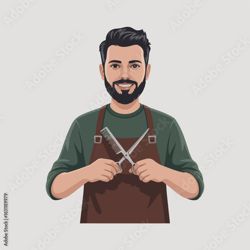 Barber with beard holding scissors and comb wearing a brown apron in a cartoon style illustration