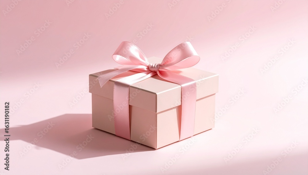 Obraz premium An elegant pink gift box with a lustrous satin ribbon tied in a perfect bow, set against a matching pastel pink background for celebrations.