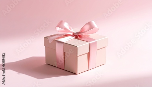 An elegant pink gift box with a lustrous satin ribbon tied in a perfect bow, set against a matching pastel pink background for celebrations.