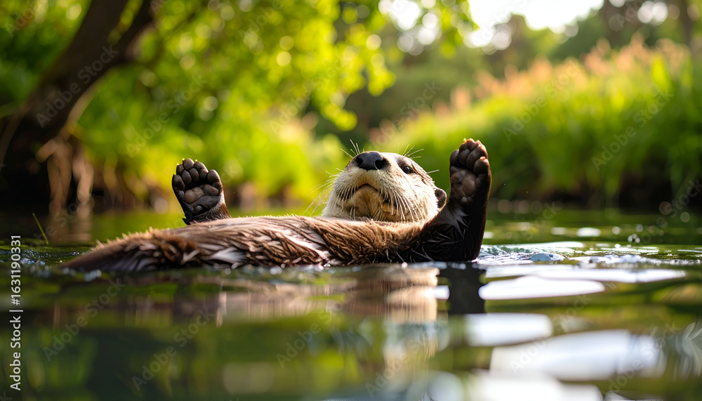 Fototapeta premium Otter floats river with lush nature.