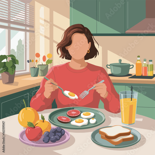 Woman eats breakfast with fried eggs sausage bread and juice in a kitchen with green cabinets and fruits