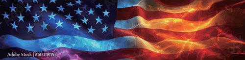 A flag with stars and stripes is shown in a blue and white background. The flag is waving in the wind, giving the impression of movement and freedom