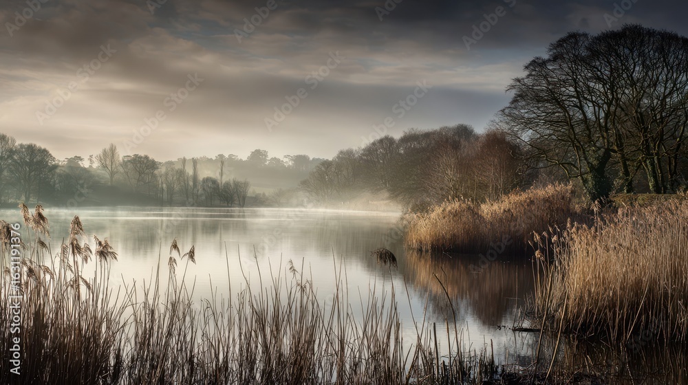 Fototapeta premium Misty lake scene with reeds and trees.