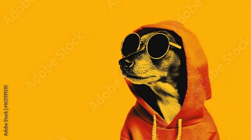 Minimalist pet dog in sunglasses and orange sweater against yellow background, trendy animal lifestyle template for pet products and social content.