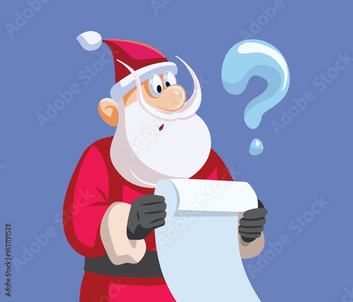 
Confused Santa Reading a Long Wish List letter Vector Cartoon. Elderly man dressed ans santa claus wondering about his mail