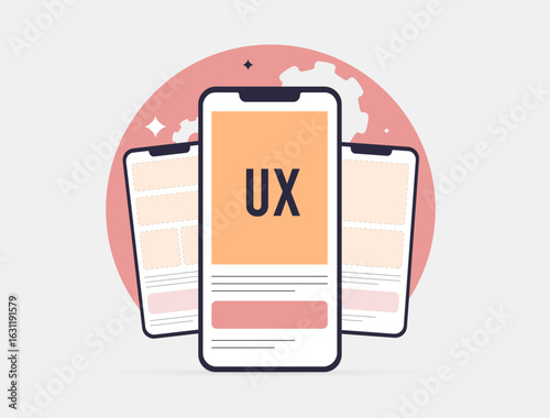 Mobile UX design with user interface testing, wireframes and usability optimization. Mobile UX design for improving user experience, navigation, user experience interaction flow vector illustration