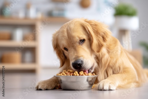 A golden retriever dog is eating dry dog food from a metal bowl on the floor in a bright, cozy home setting.