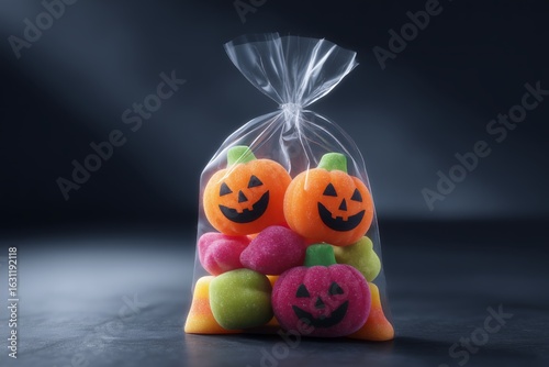 Halloween pumpkin candies in a clear plastic bag. Trick or treat sweets for holiday celebration. Fun sugary treats on a dark background.