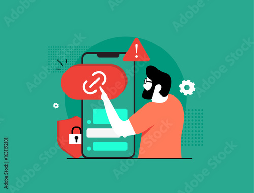 Phishing link detection with mobile security, suspicious link alerts and safe browsing. Phishing link detection to protect users from cyber threats and malicious websites vector illustration