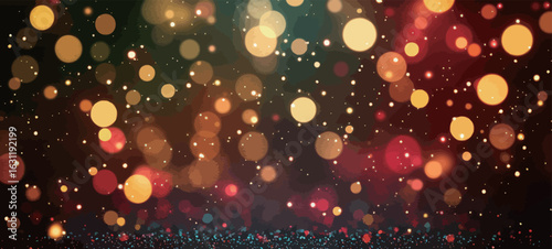 Abstract background with colorful bokeh lights and particles on a dark blue, red, and green color palette