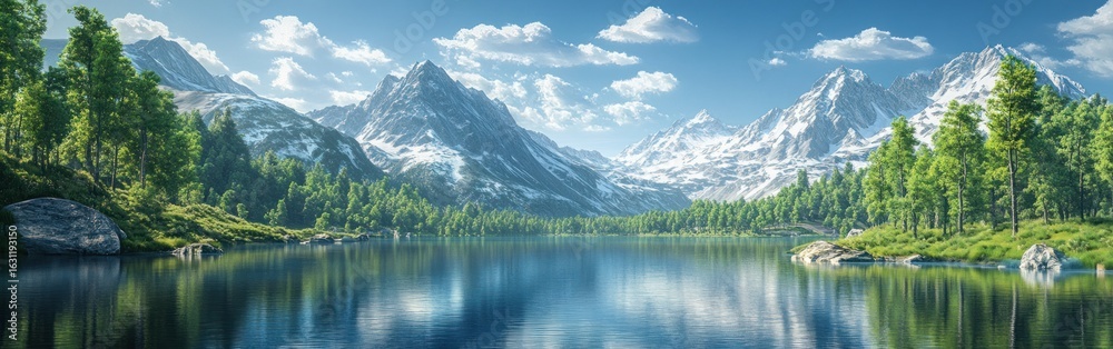 Fototapeta premium Serene Mountain Lake Surrounded by Lush Forest and Snow-Capped Peaks