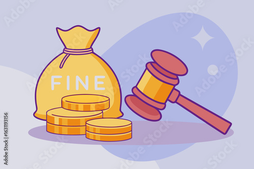 Gavel, fine money bag, and coins representing legal penalty, law enforcement, and financial punishment

