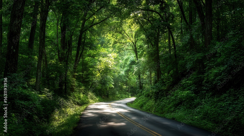 Fototapeta premium A winding road cuts through the vibrant green forest, sunlight dappling the asphalt and creating a serene, natural scene.