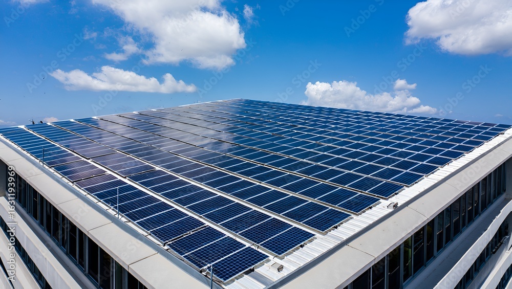 Fototapeta premium Solar panels array atop a commercial building roof generating clean energy under a vibrant blue sky.